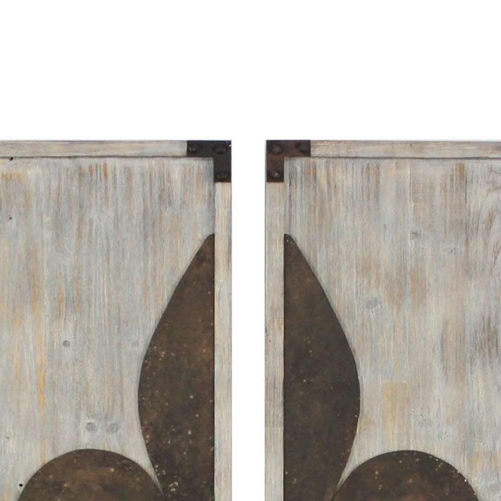Wooden Wall Plaque with Fleur De Lis Pattern, Set of 2, Bronze and White - BM217253