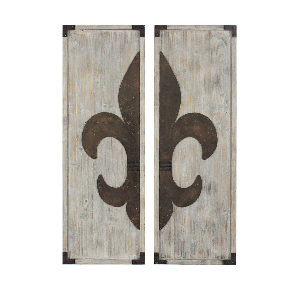 Wooden Wall Plaque with Fleur De Lis Pattern, Set of 2, Bronze and White - BM217253