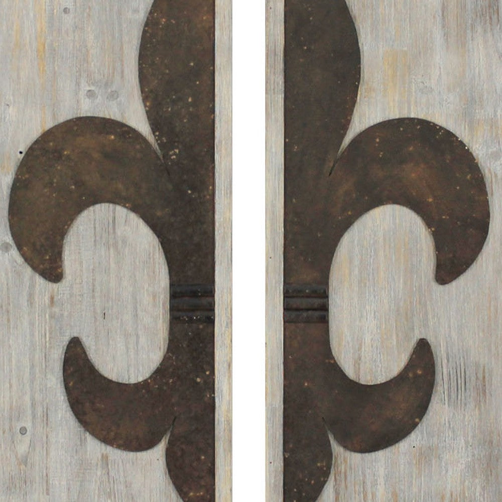 Wooden Wall Plaque with Fleur De Lis Pattern, Set of 2, Bronze and White - BM217253