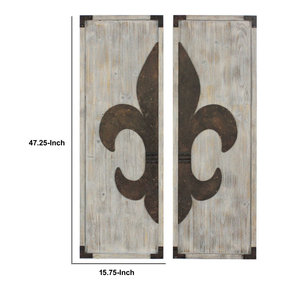 Wooden Wall Plaque with Fleur De Lis Pattern, Set of 2, Bronze and White - BM217253