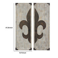 Wooden Wall Plaque with Fleur De Lis Pattern, Set of 2, Bronze and White - BM217253