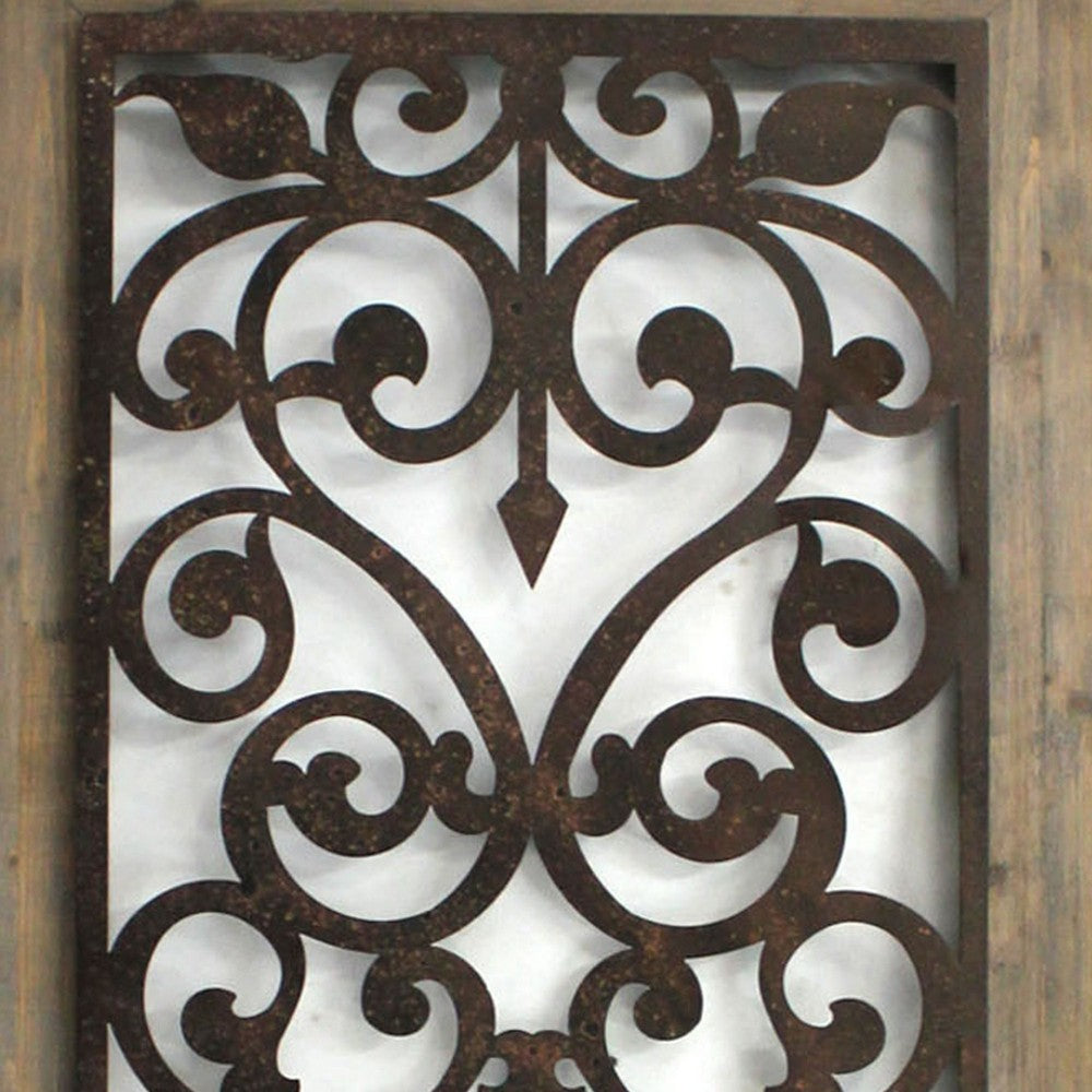 Rectangular Wooden Wall Plaque with Scroll Design, Brown - BM217254