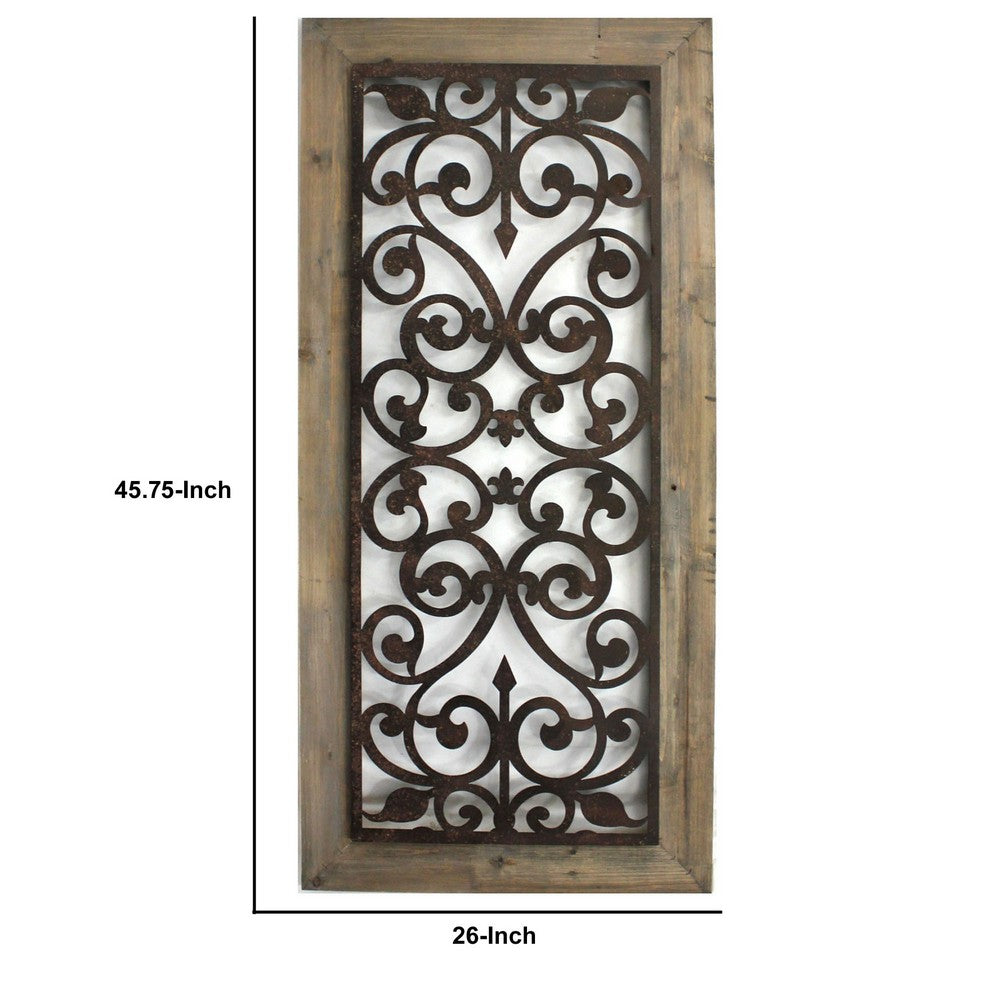 Rectangular Wooden Wall Plaque with Scroll Design, Brown - BM217254