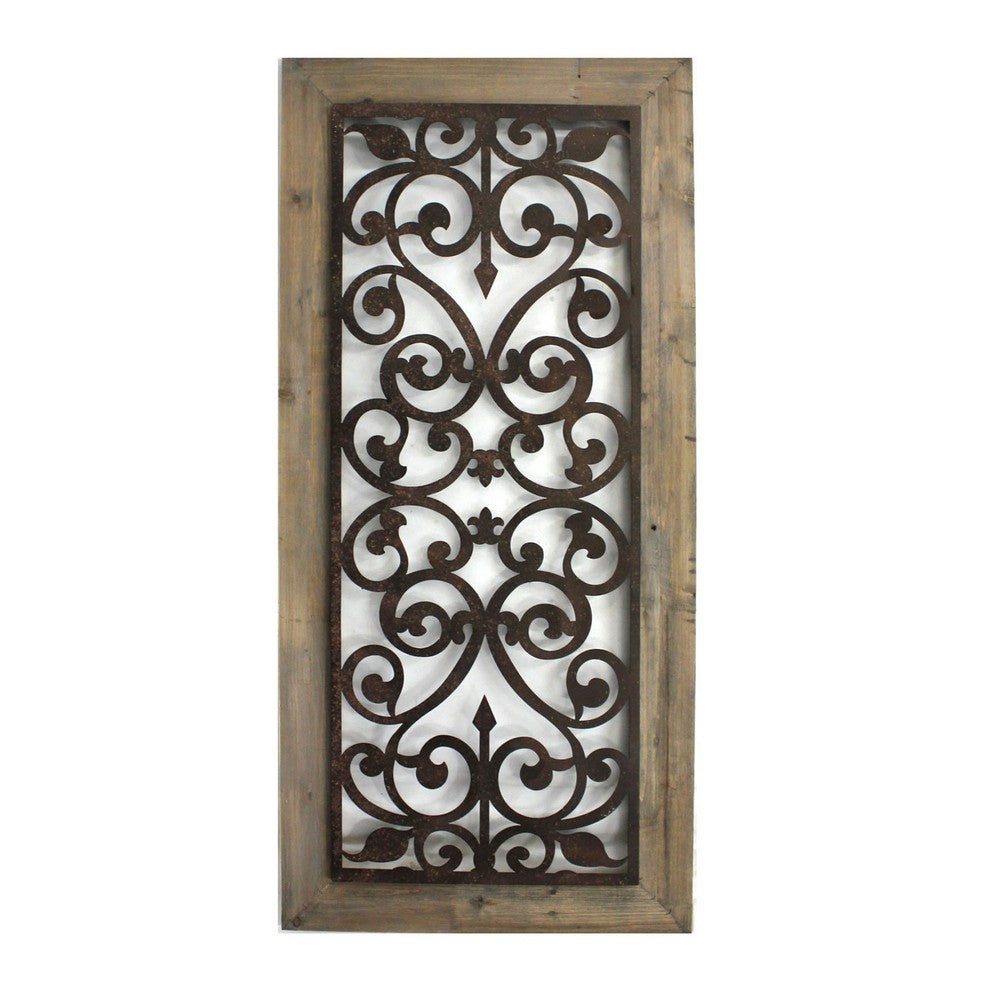Rectangular Wooden Wall Plaque with Scroll Design, Brown - BM217254