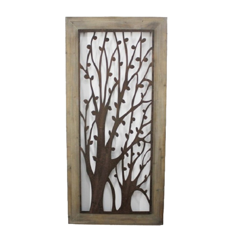 Rectangular Wooden Wall Plaque with Tree Design, Brown - BM217255
