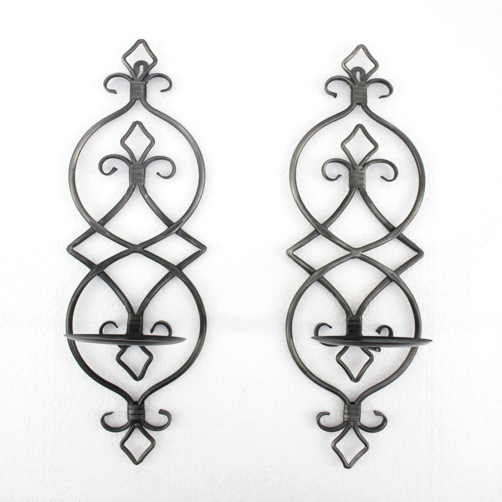 Metal Candle Holder with Fleur De Lis Design, Set of 2, Black - BM217258