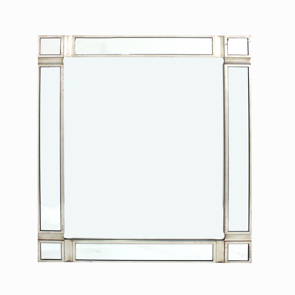 Rectangular Wooden Frame Wall Mirror with Trim Inlay, Silver - BM217260