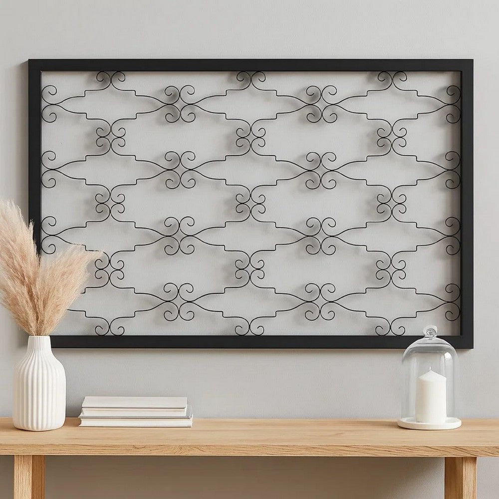 Rectangular Metal Frame Wall Decor with Curved Design Accents, Black - BM217261