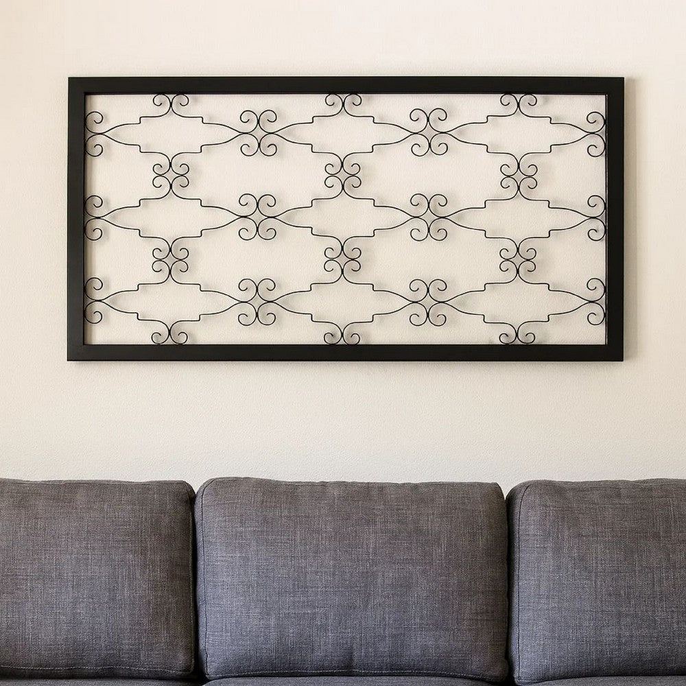 Rectangular Metal Frame Wall Decor with Curved Design Accents, Black - BM217261