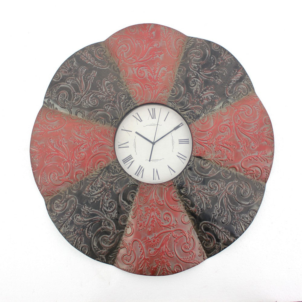 Blooming Flower Design Metal Wall Clock with Scroll Motifs, Red and Black - BM217263