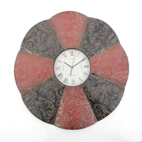 Blooming Flower Design Metal Wall Clock with Scroll Motifs, Red and Black - BM217263