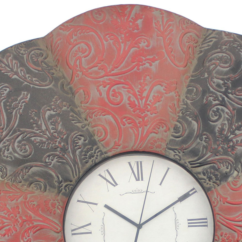 Blooming Flower Design Metal Wall Clock with Scroll Motifs, Red and Black - BM217263