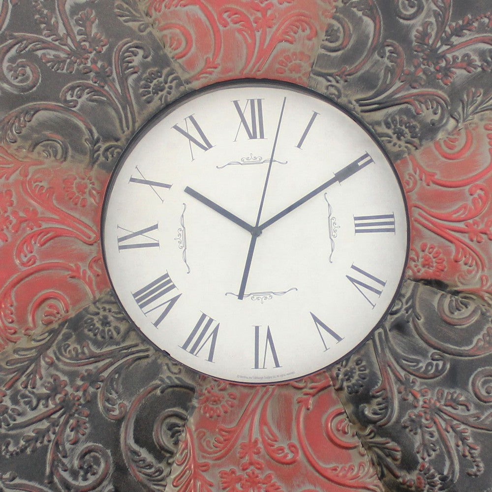 Blooming Flower Design Metal Wall Clock with Scroll Motifs, Red and Black - BM217263