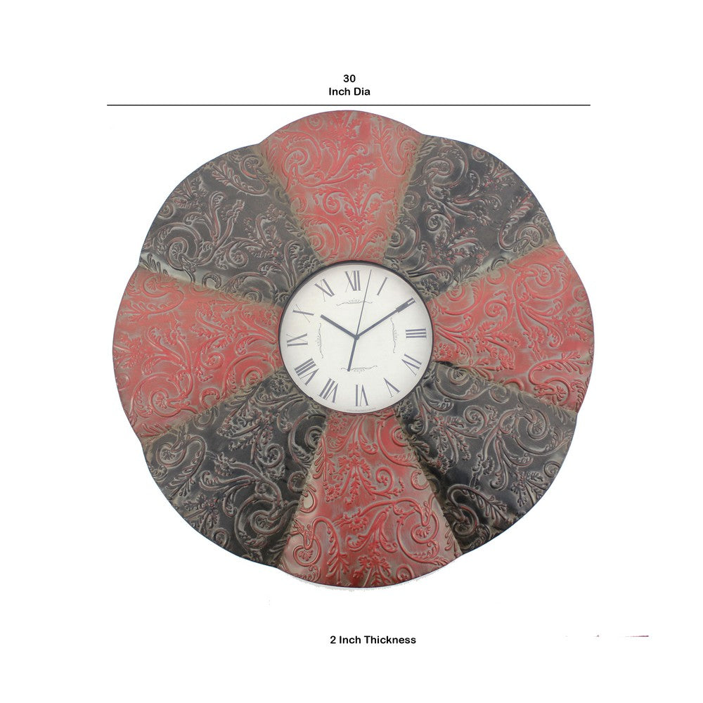Blooming Flower Design Metal Wall Clock with Scroll Motifs, Red and Black - BM217263