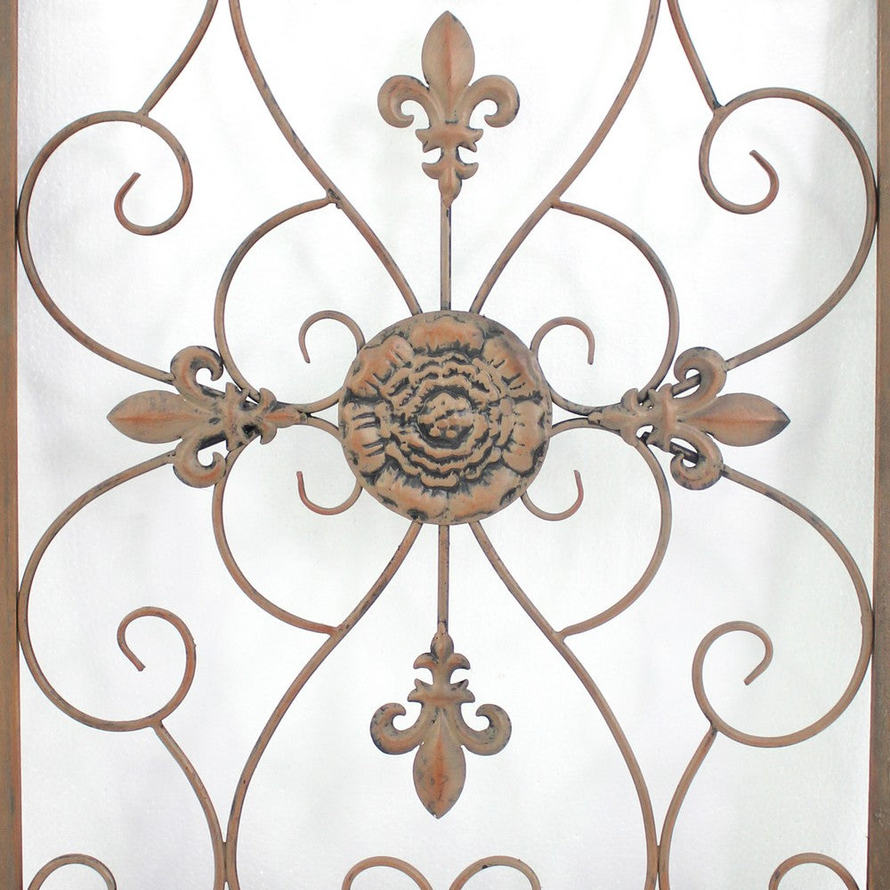 Rectangular Wooden Frame Wall Decor with Fleur De Lis Design, Brown - BM217265
