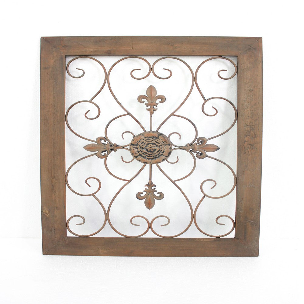 Rectangular Wooden Frame Wall Decor with Fleur De Lis Design, Brown - BM217265