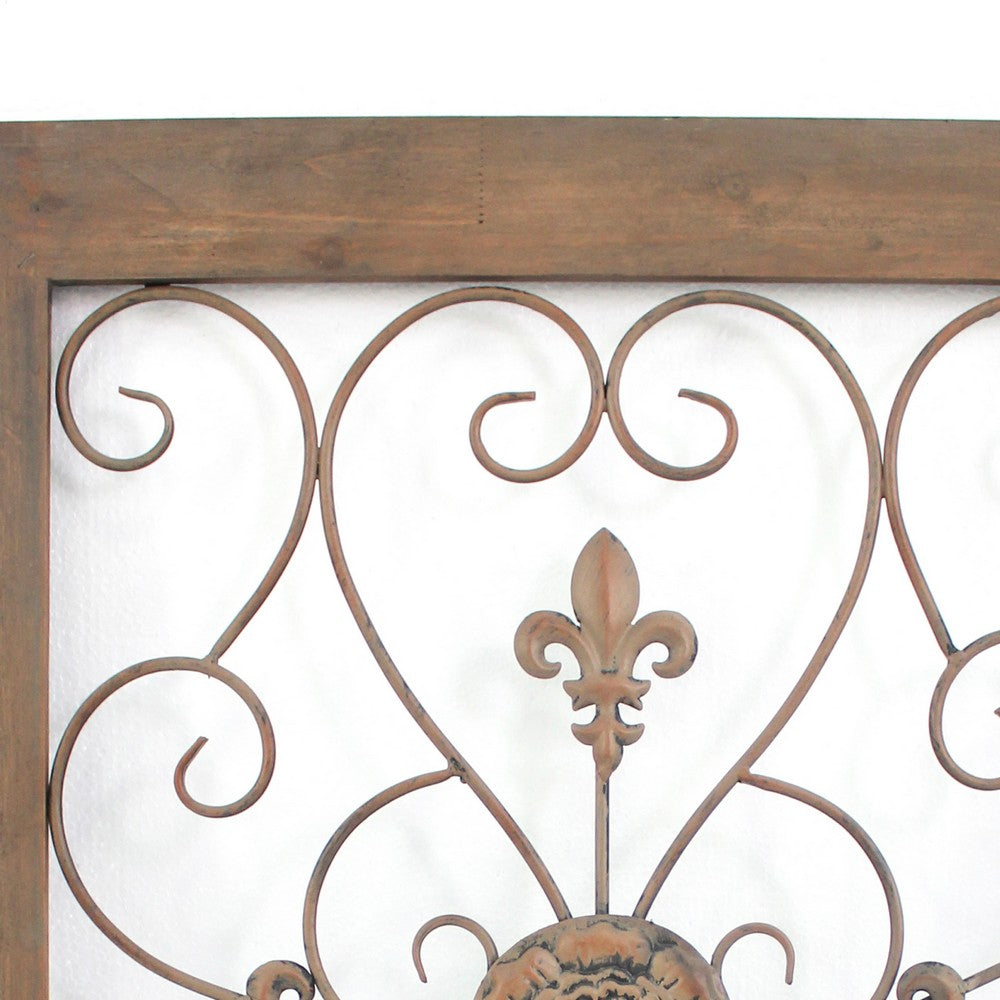 Rectangular Wooden Frame Wall Decor with Fleur De Lis Design, Brown - BM217265
