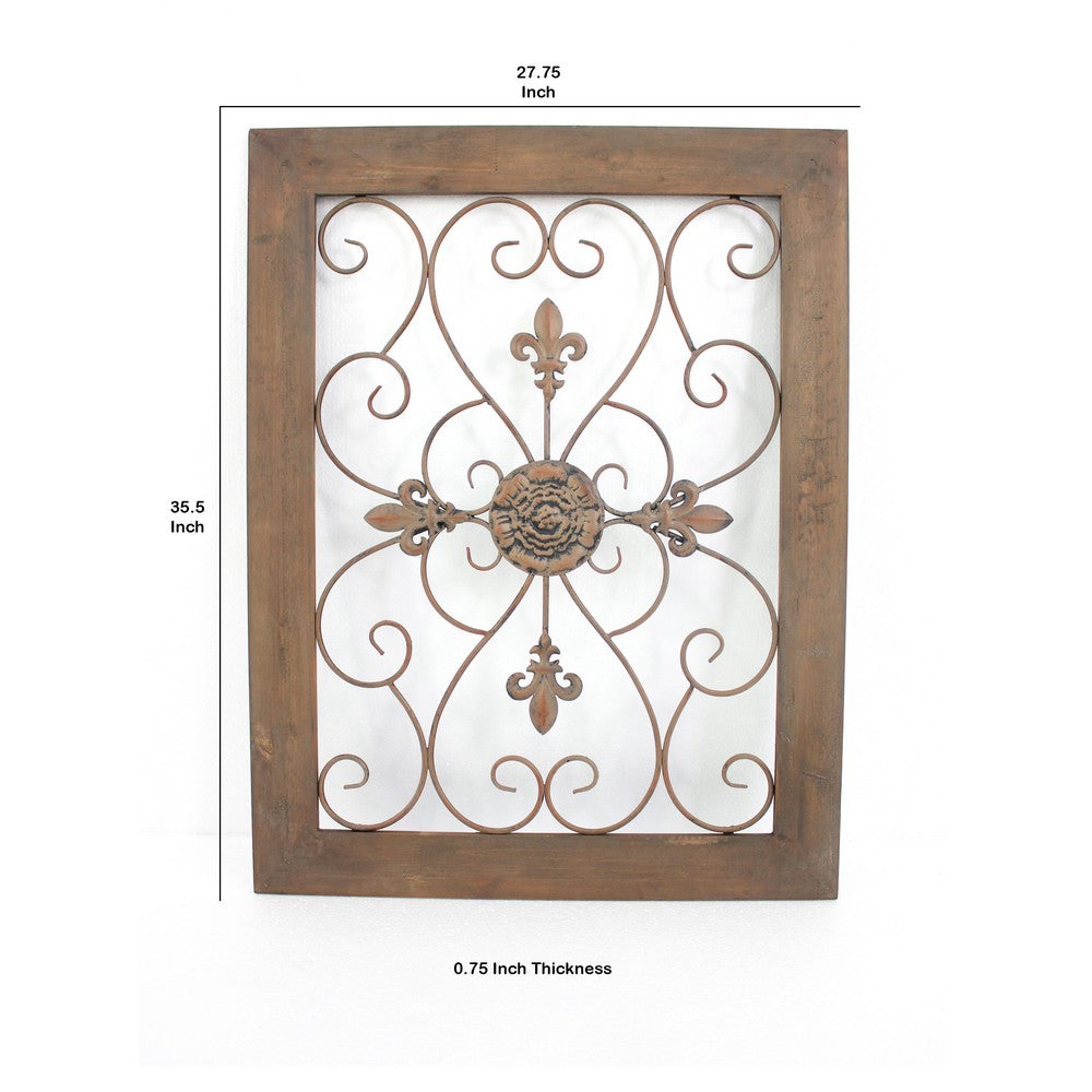 Rectangular Wooden Frame Wall Decor with Fleur De Lis Design, Brown - BM217265