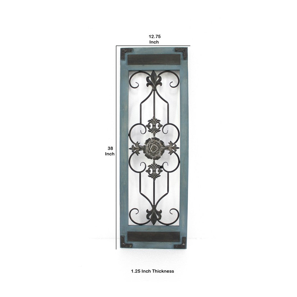 Rectangular Wooden Frame Wall Decor with Scroll Design, Blue - BM217266