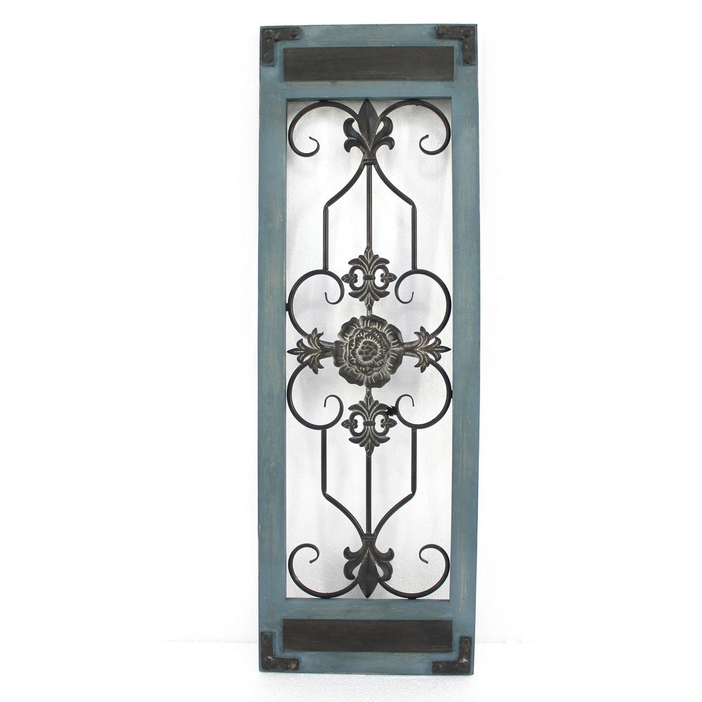Rectangular Wooden Frame Wall Decor with Scroll Design, Blue - BM217266
