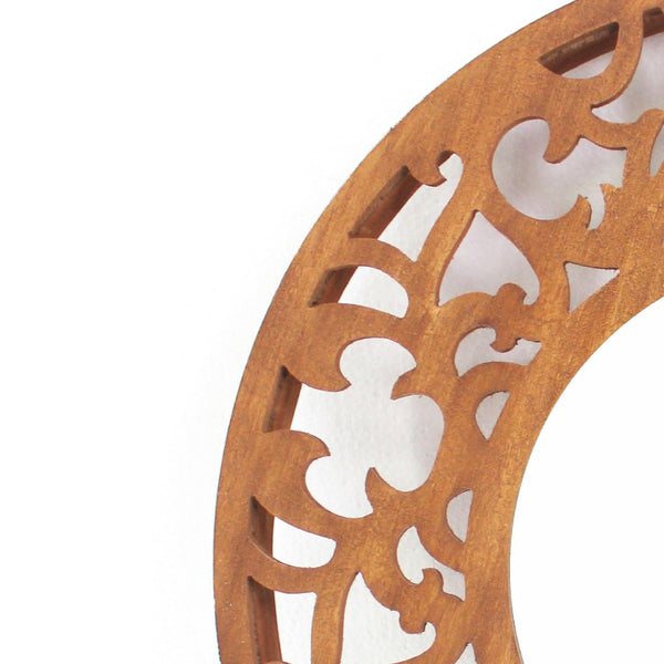 Round Wooden Wall Mirror with Scroll Cut Out Design, Silver and Brown - BM217267