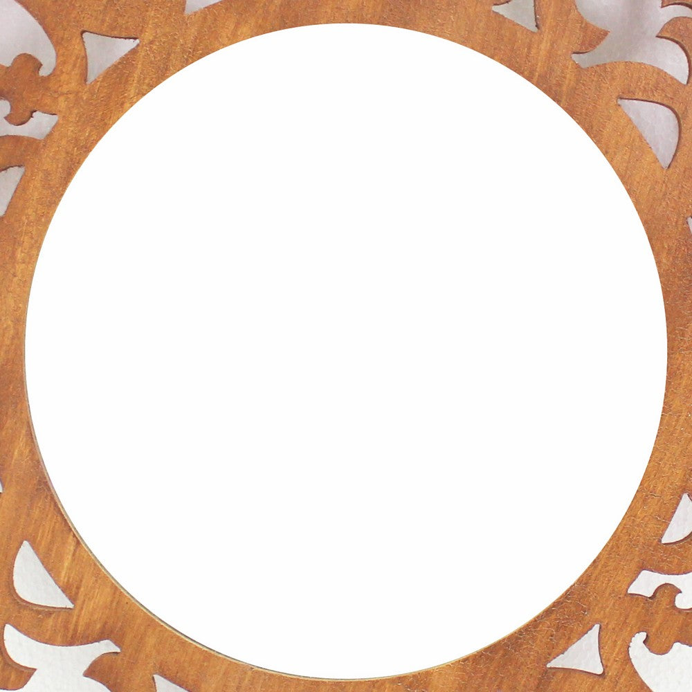 Round Wooden Wall Mirror with Scroll Cut Out Design, Silver and Brown - BM217267