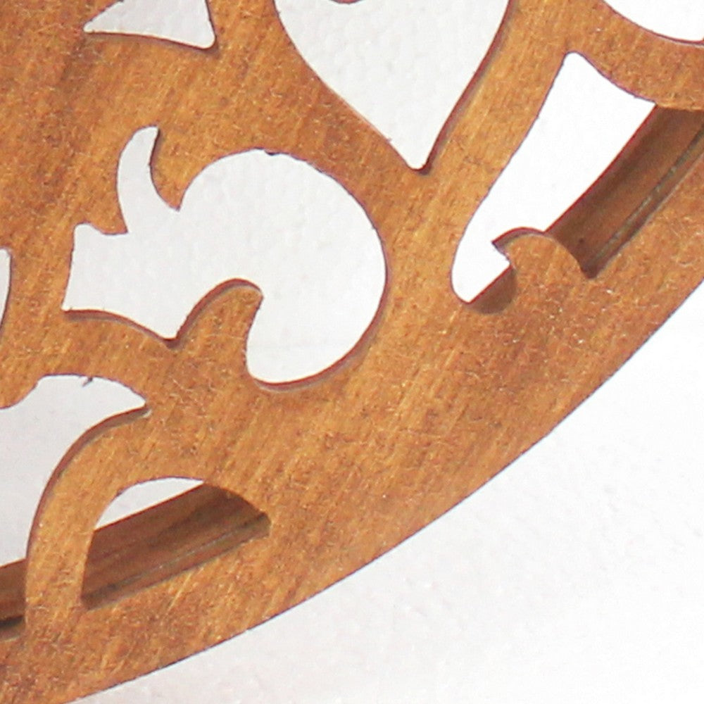 Round Wooden Wall Mirror with Scroll Cut Out Design, Silver and Brown - BM217267