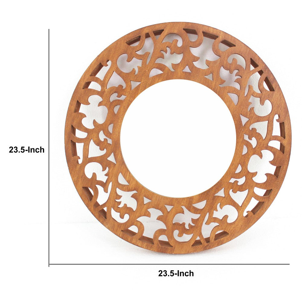 Round Wooden Wall Mirror with Scroll Cut Out Design, Silver and Brown - BM217267