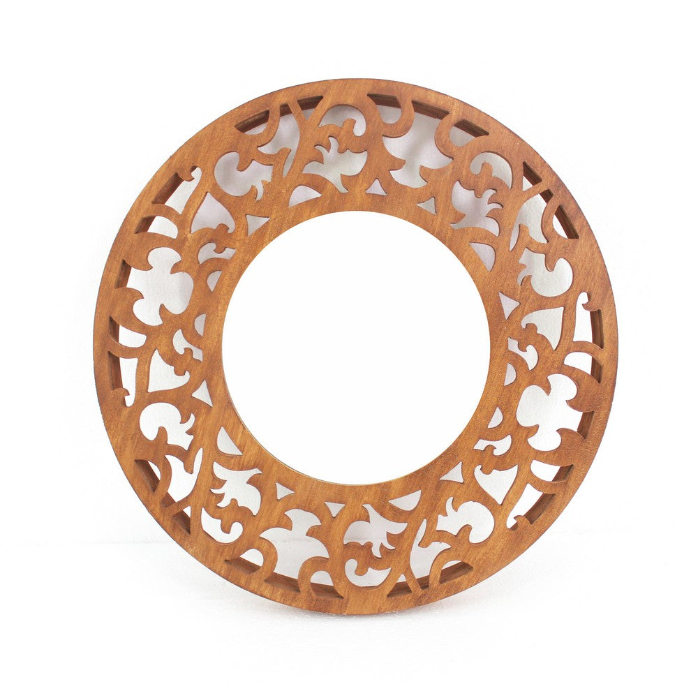 Round Wooden Wall Mirror with Scroll Cut Out Design, Silver and Brown - BM217267