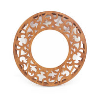 Round Wooden Wall Mirror with Scroll Cut Out Design, Silver and Brown - BM217267