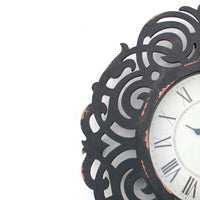Round Metal Wall Clock with Scroll Design Frame, Antique Black - BM217268
