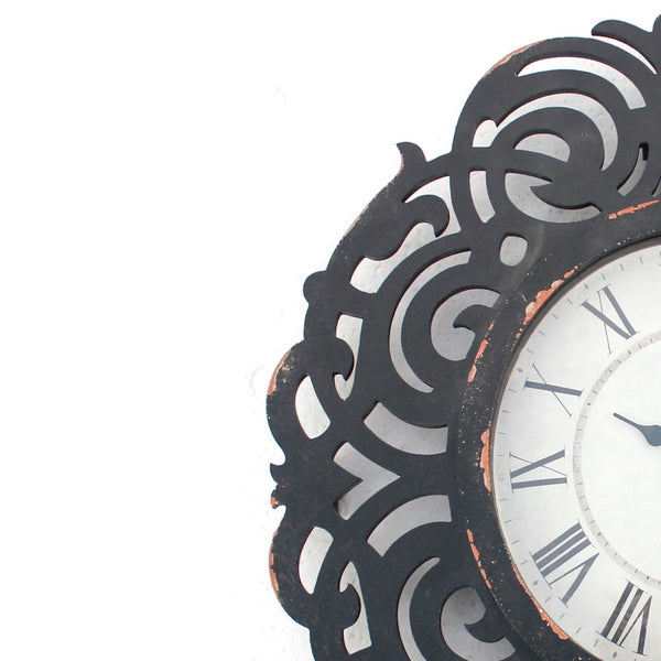 Round Metal Wall Clock with Scroll Design Frame, Antique Black - BM217268