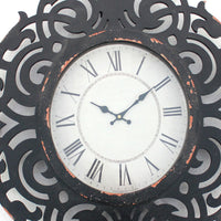 Round Metal Wall Clock with Scroll Design Frame, Antique Black - BM217268