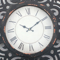 Round Metal Wall Clock with Scroll Design Frame, Antique Black - BM217268