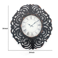 Round Metal Wall Clock with Scroll Design Frame, Antique Black - BM217268