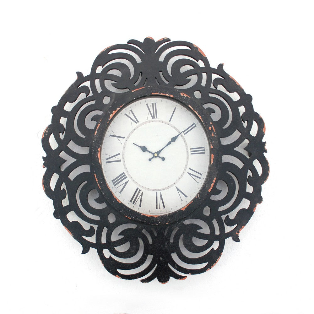Round Metal Wall Clock with Scroll Design Frame, Antique Black - BM217268