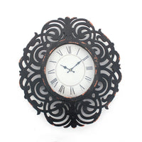 Round Metal Wall Clock with Scroll Design Frame, Antique Black - BM217268
