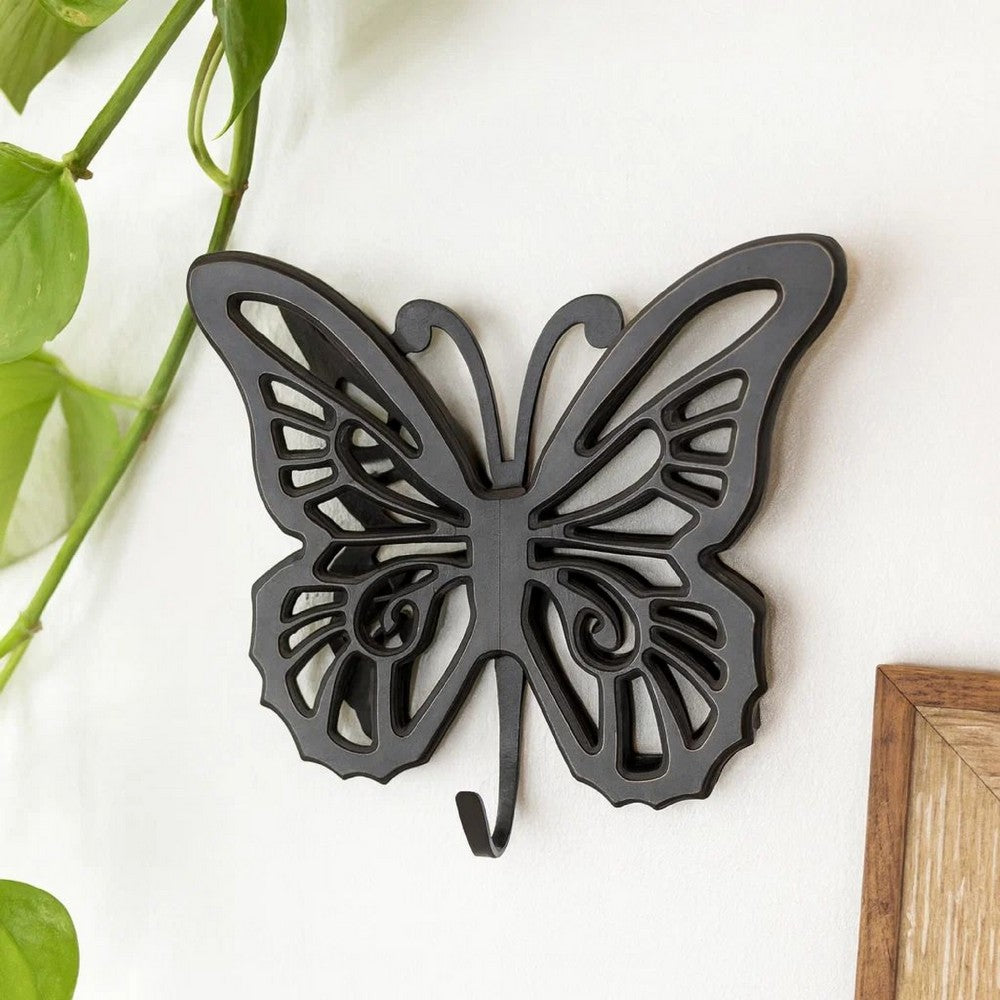 Wooden Butterfly Wall Plaque with Cutout Detail, Black - BM217269