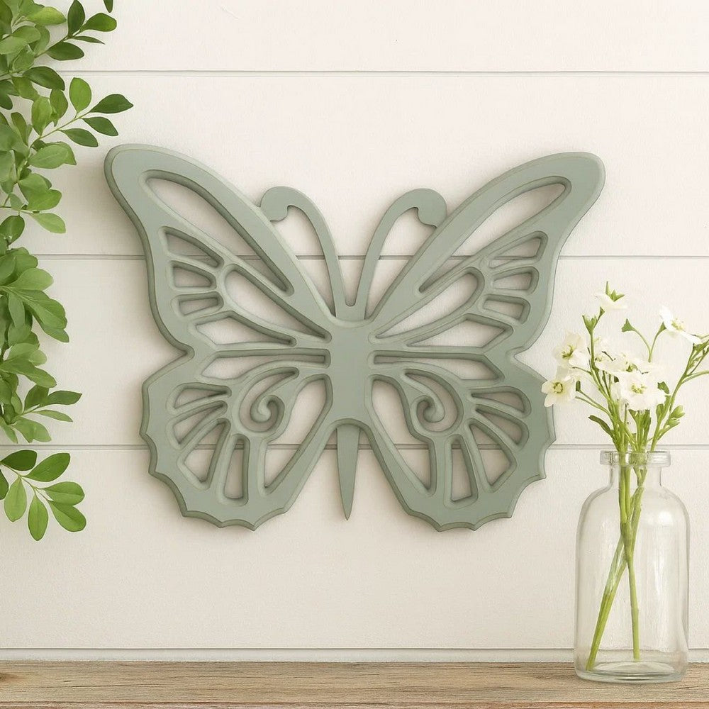 Wooden Butterfly Wall Plaque with Cutout Detail, Light Gray - BM217270