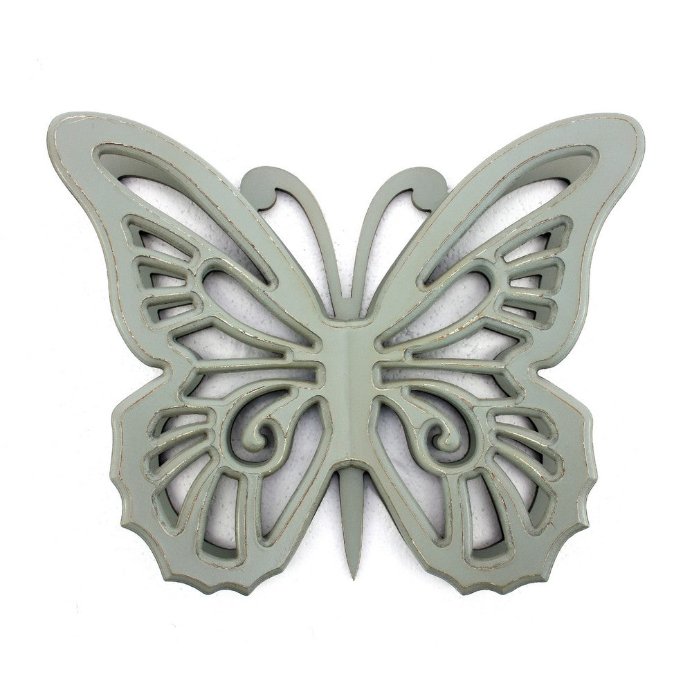 Wooden Butterfly Wall Plaque with Cutout Detail, Light Gray - BM217270