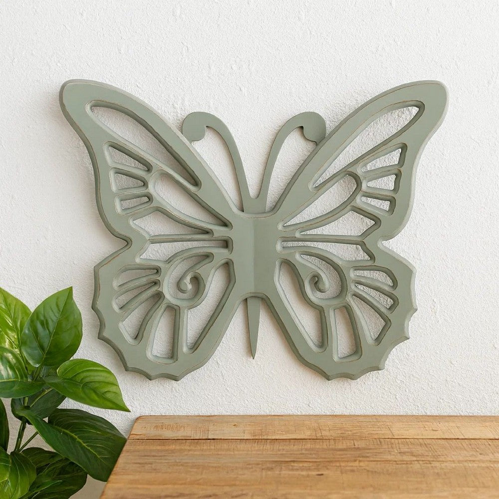 Wooden Butterfly Wall Plaque with Cutout Detail, Light Gray - BM217270