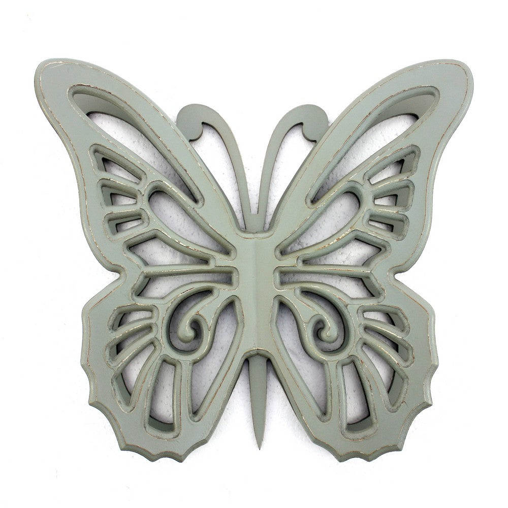 Wooden Butterfly Wall Plaque with Cutout Detail, Light Gray - BM217270
