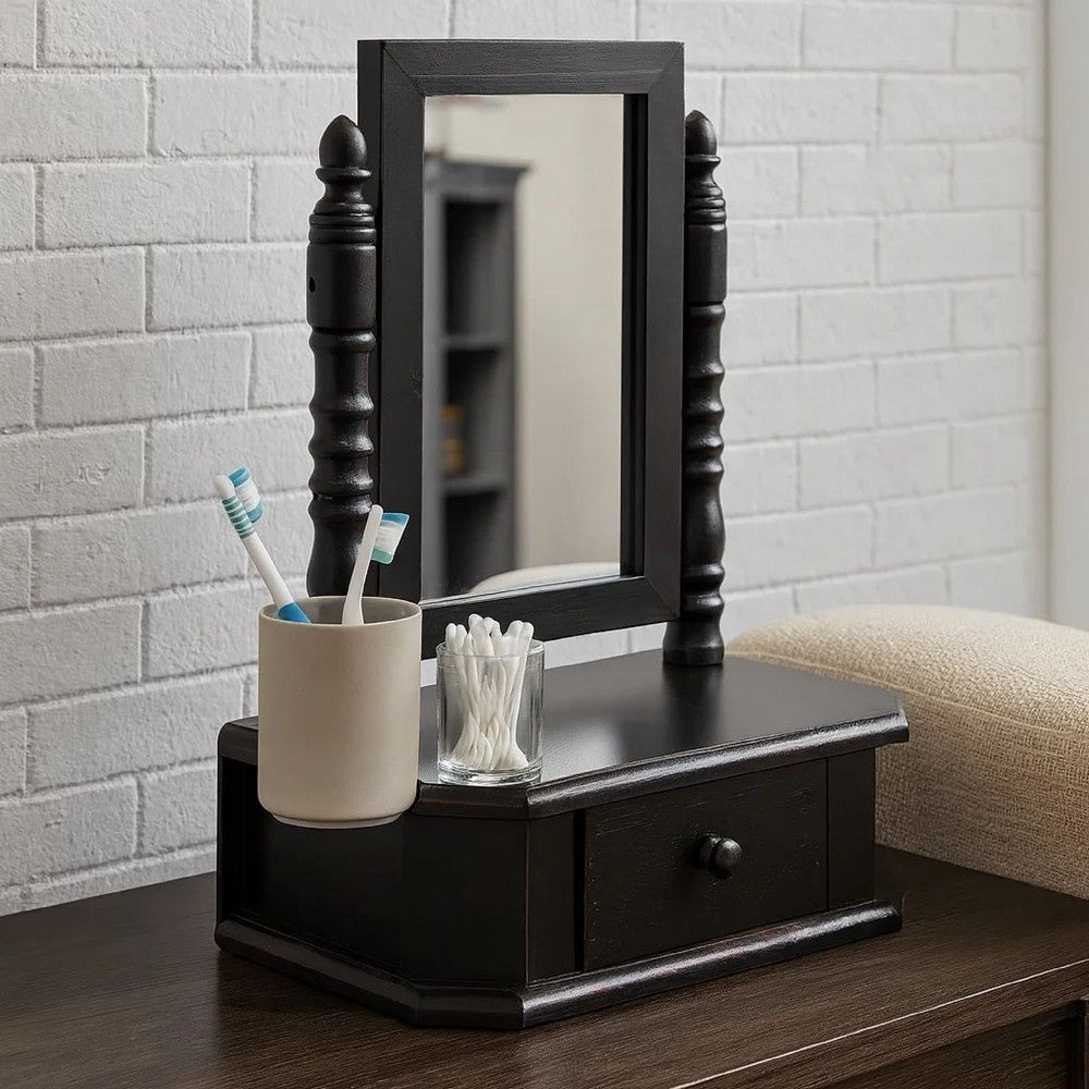 Traditional Wooden Table Mirror with 1 Drawer, Black and Silver - BM217290