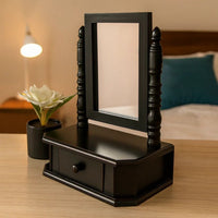 Traditional Wooden Table Mirror with 1 Drawer, Black and Silver - BM217290