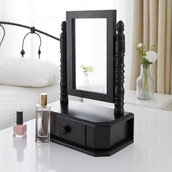 Traditional Wooden Table Mirror with 1 Drawer, Black and Silver - BM217290