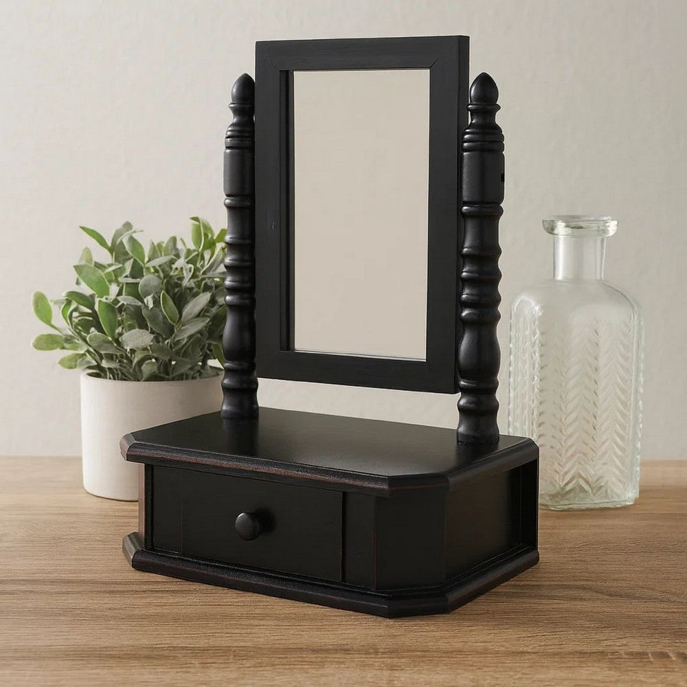 Traditional Wooden Table Mirror with 1 Drawer, Black and Silver - BM217290