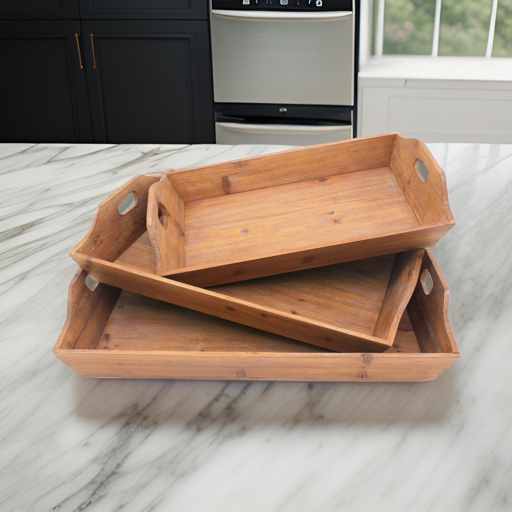 Rectangular Wooden Serving Tray with Cut Out Handles, Set of 3, Brown - BM217292