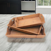 Rectangular Wooden Serving Tray with Cut Out Handles, Set of 3, Brown - BM217292