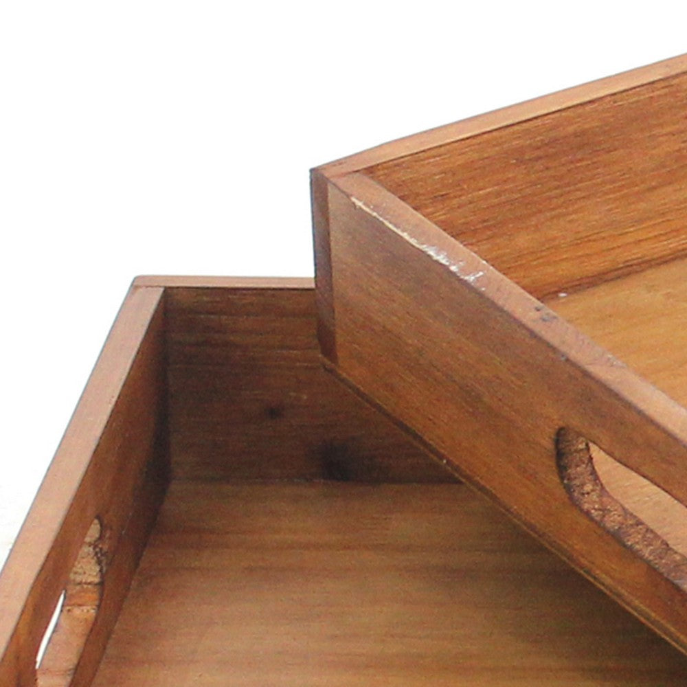 Rectangular Wooden Serving Tray with Cut Out Handles, Set of 2, Brown - BM217293