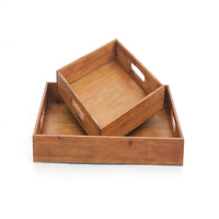Rectangular Wooden Serving Tray with Cut Out Handles, Set of 2, Brown - BM217293